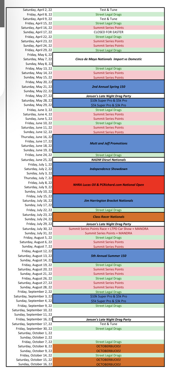 Numidia Dragway Schedule 2022 Schedule